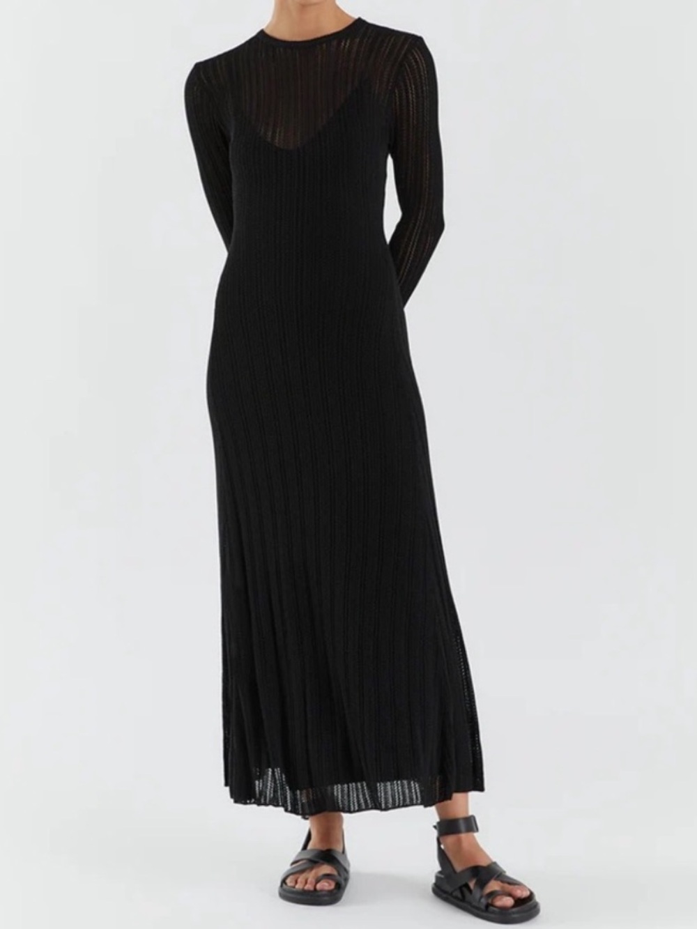 DISSH Long Sleeve Ribbed Black Midi Dress with Removable Slip - Size Medium